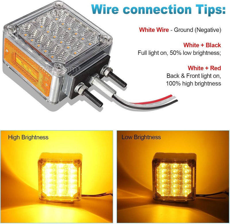 Partsam 2Pcs Square Double Face Led Turn Signal Lights Parking Lights Clear Lens - Amber/Amber 39 Square LED Pedestal Fender Stud Mount Dual Face Led Lights for Trucks Trailers - Image 4